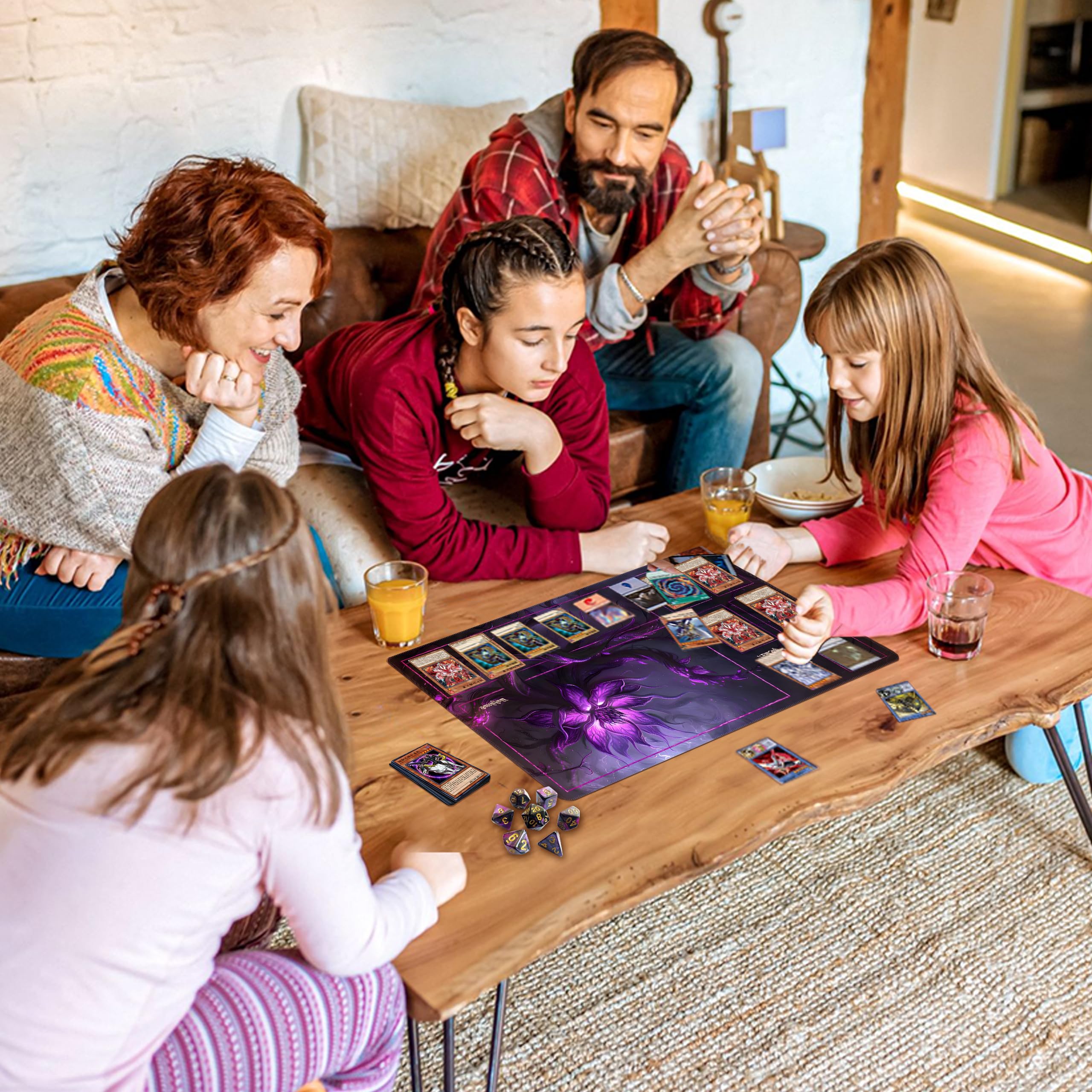 MTG Playmat with Storage Tube & 7-Dice Set - Waterproof TCG Playmat with Stitched Edges, Non-Slip Rubber Card Game Mat (24"x14") (playmat with Zones, Purple Lotus)